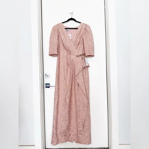 NWT NEW Teri Jon 229041 Blush Peplum Stretch Metallic Jacquard Gown with Beads